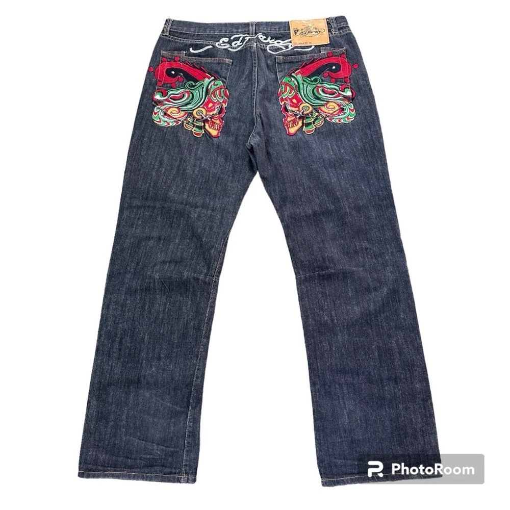 Ed Hardy Denim Mens Jeans Skulls Embroidered Dark Wash Lot 2008 Size 38